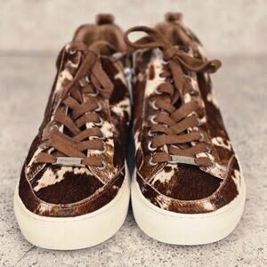 Jslide high top sneaker. Lace-up. Zipper.  Cowhide pattern. W 7.5 Kids 5.5